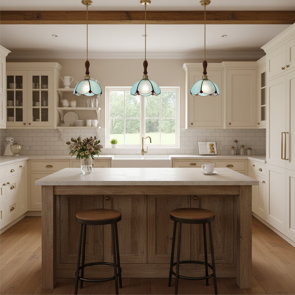 Lámpara colgante de vidriera Gemila sobre una mesa de cocina – imagen 28