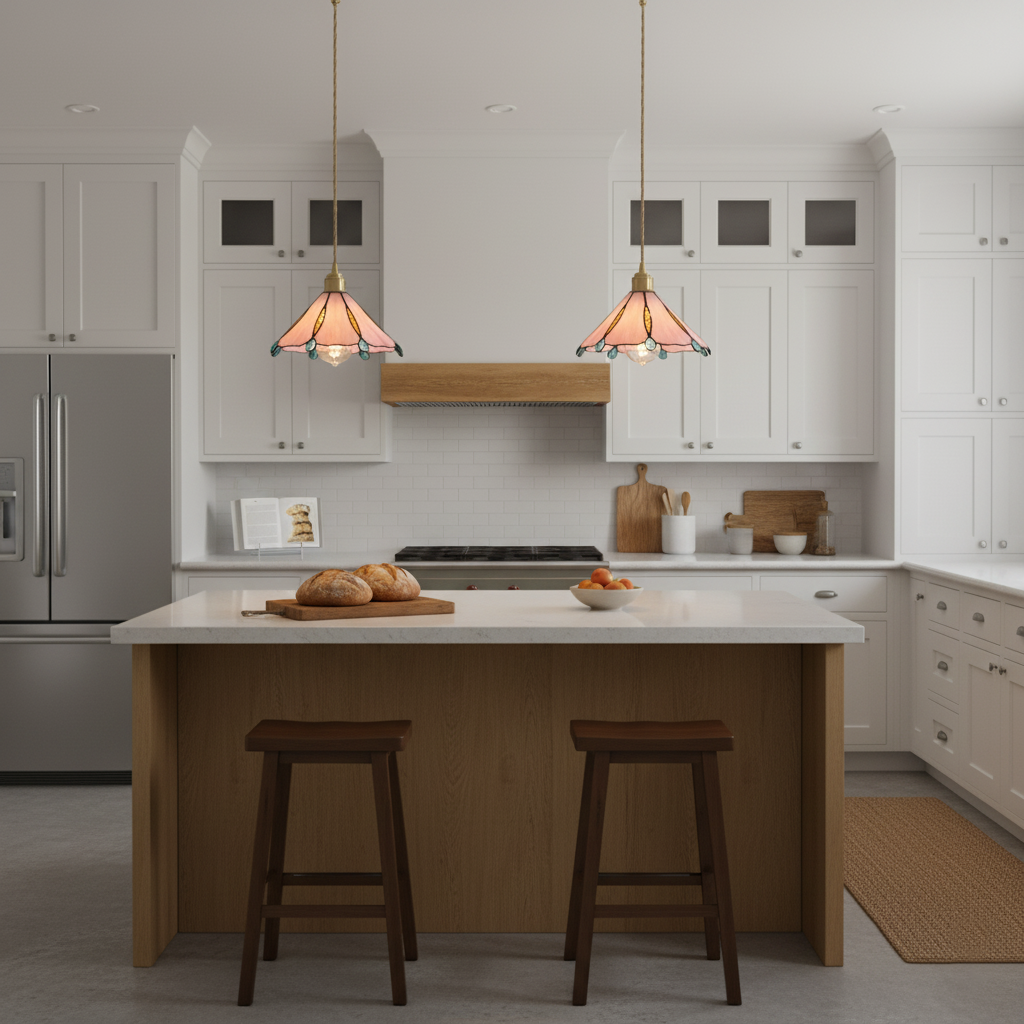 Lámpara colgante de vidriera Gemila sobre una mesa de cocina – imagen 22