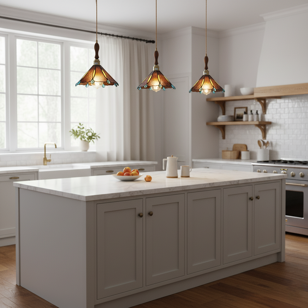 Lámpara colgante de vidriera Gemila sobre una mesa de cocina – imagen 26