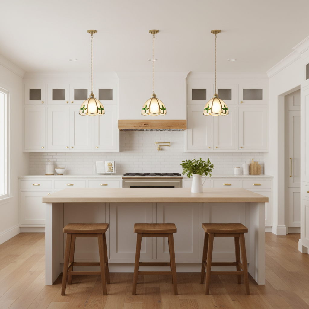 Lámpara colgante de vidriera Gemila sobre una mesa de cocina – imagen 32