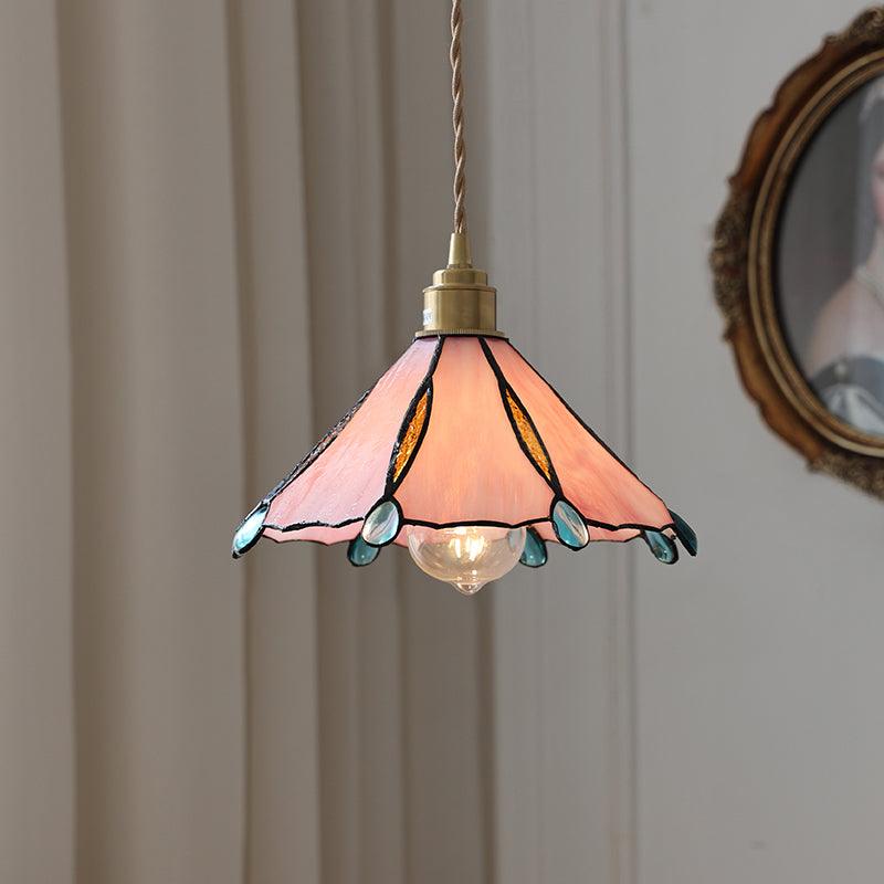 Lámpara colgante de vidriera Gemila – rosa y azul, baja