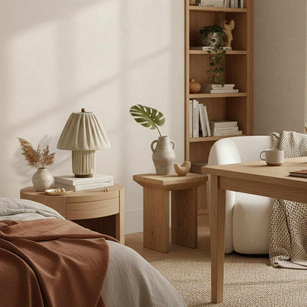 Lámpara de mesa de tela plisada Doblina en un dormitorio acogedor – imagen 12