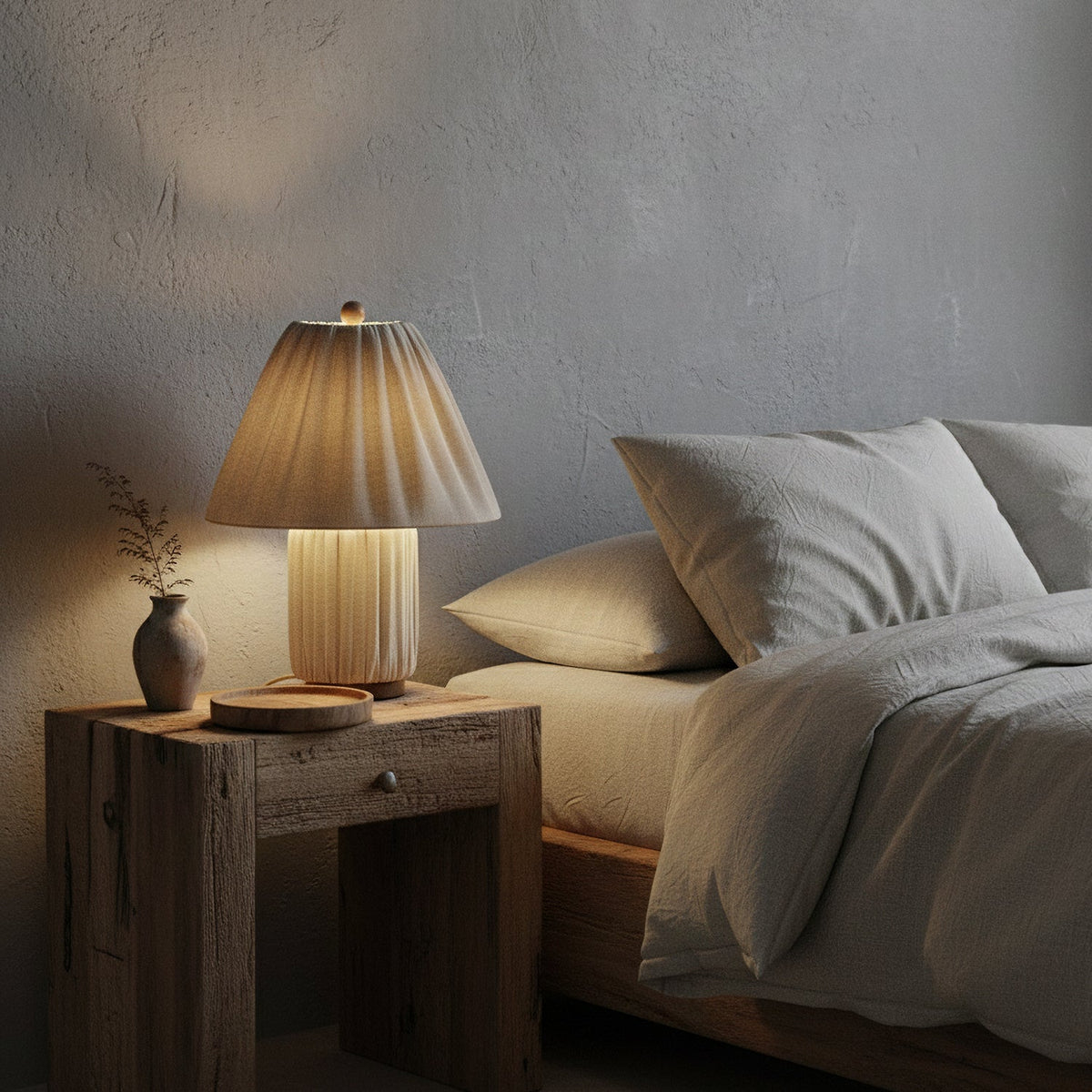 Lámpara de mesa de tela plisada Doblina en un dormitorio acogedor – imagen 9