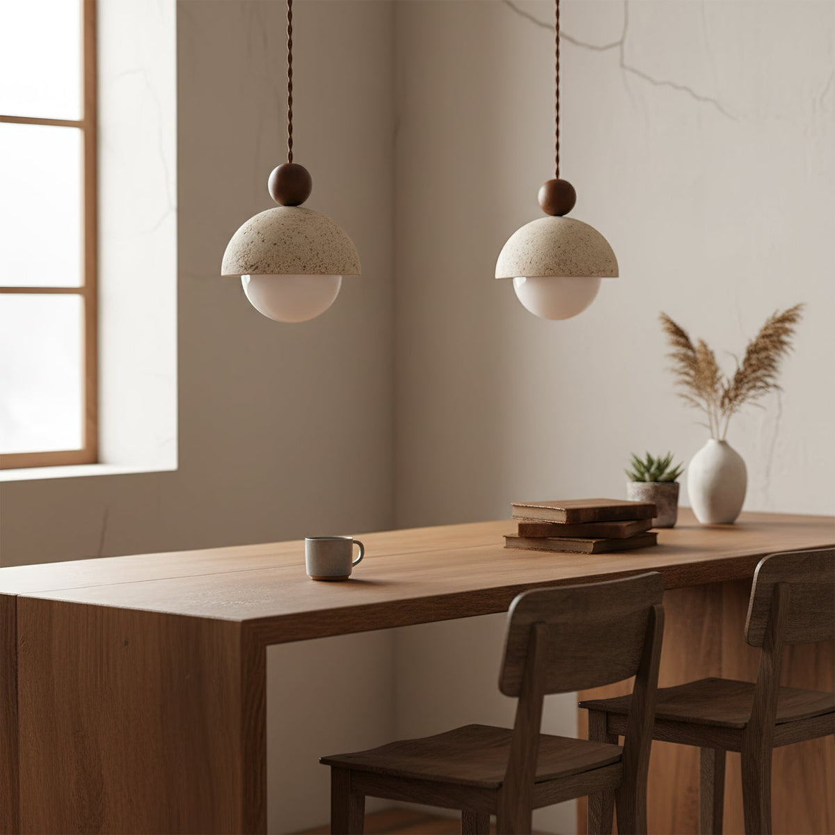 Lámpara colgante de travertino Roquela sobre una mesa de comedor – imagen 13