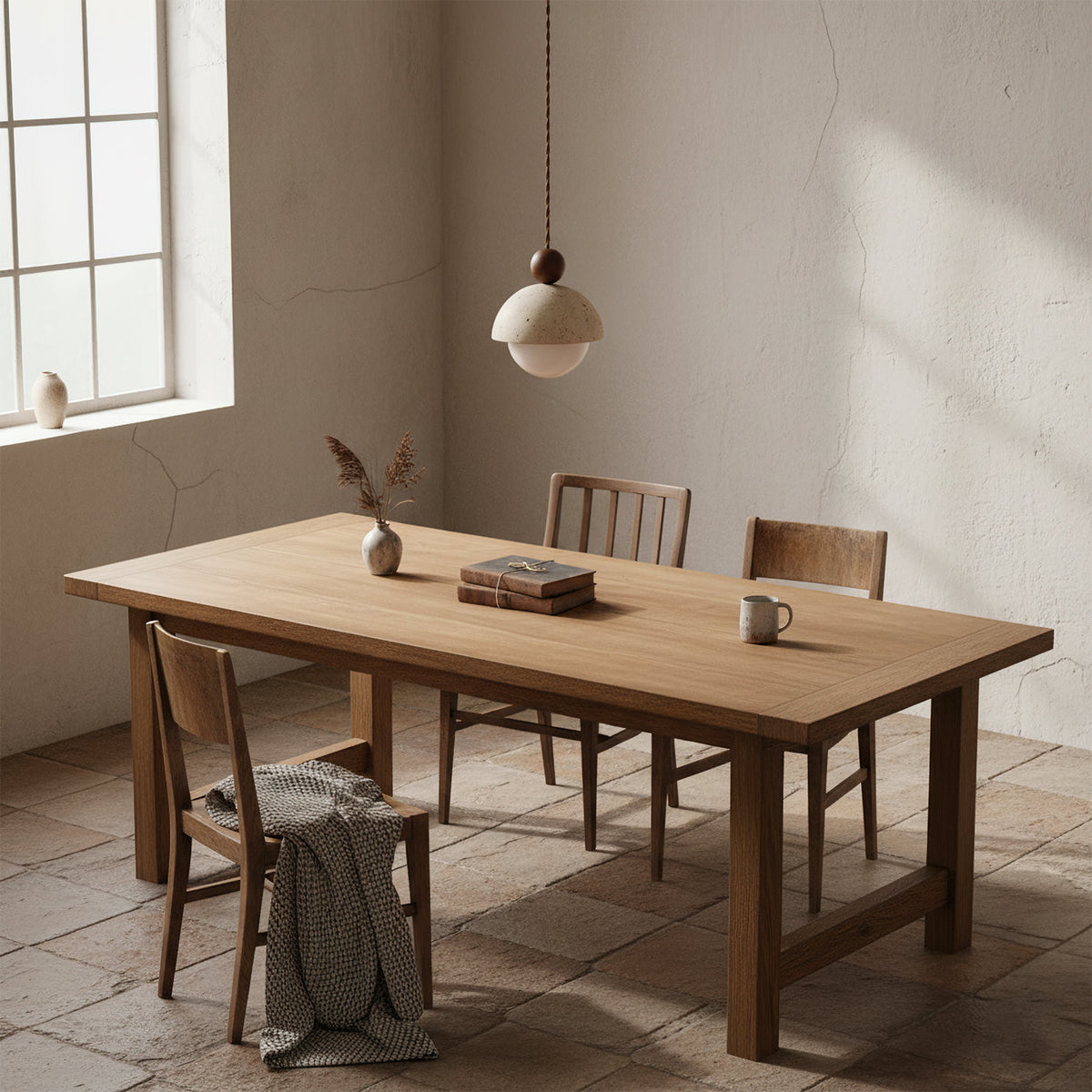 Lámpara colgante de travertino Roquela sobre una mesa de comedor – imagen 11