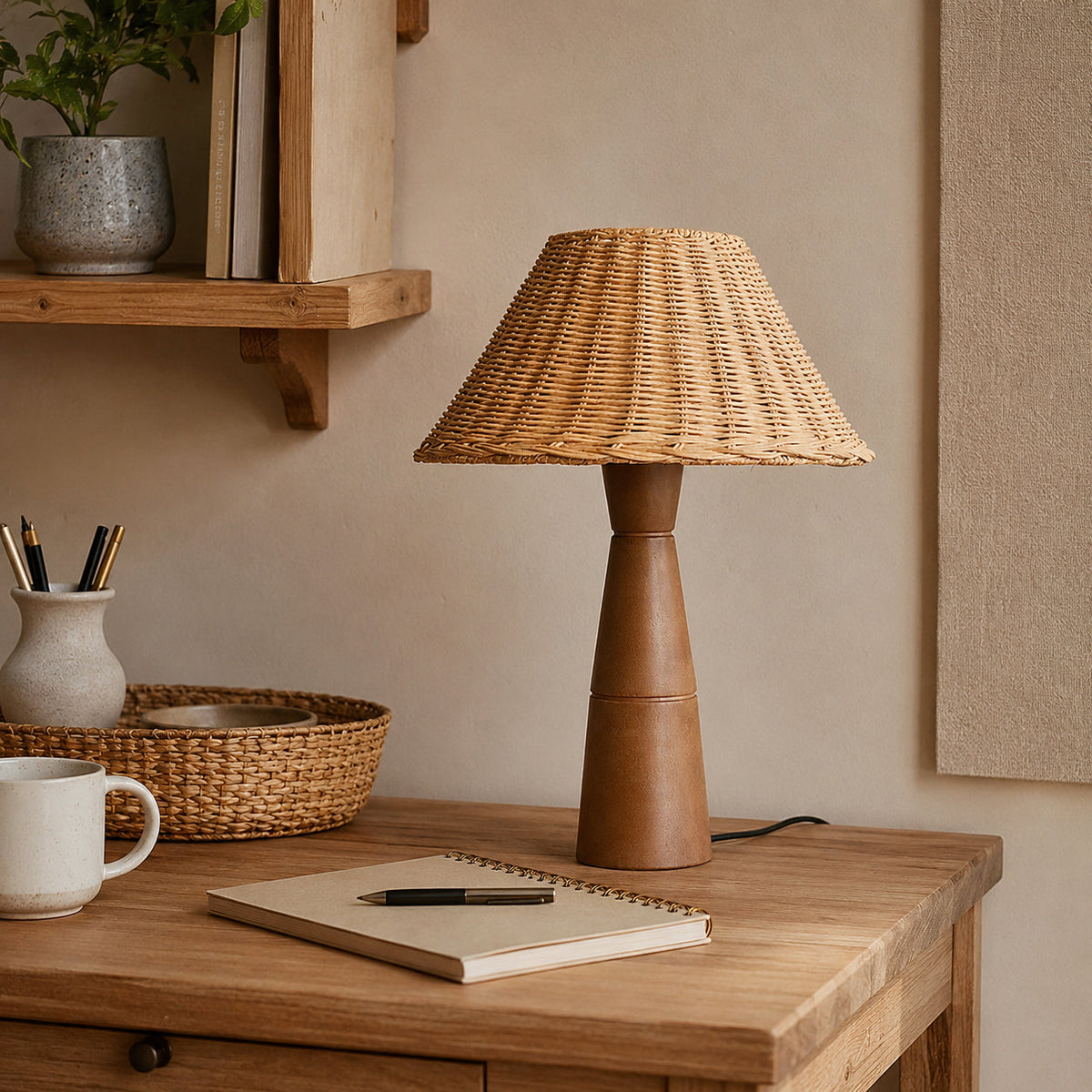 Lámpara de mesa de ratán con base de madera Ratena en un salón natural – imagen 3