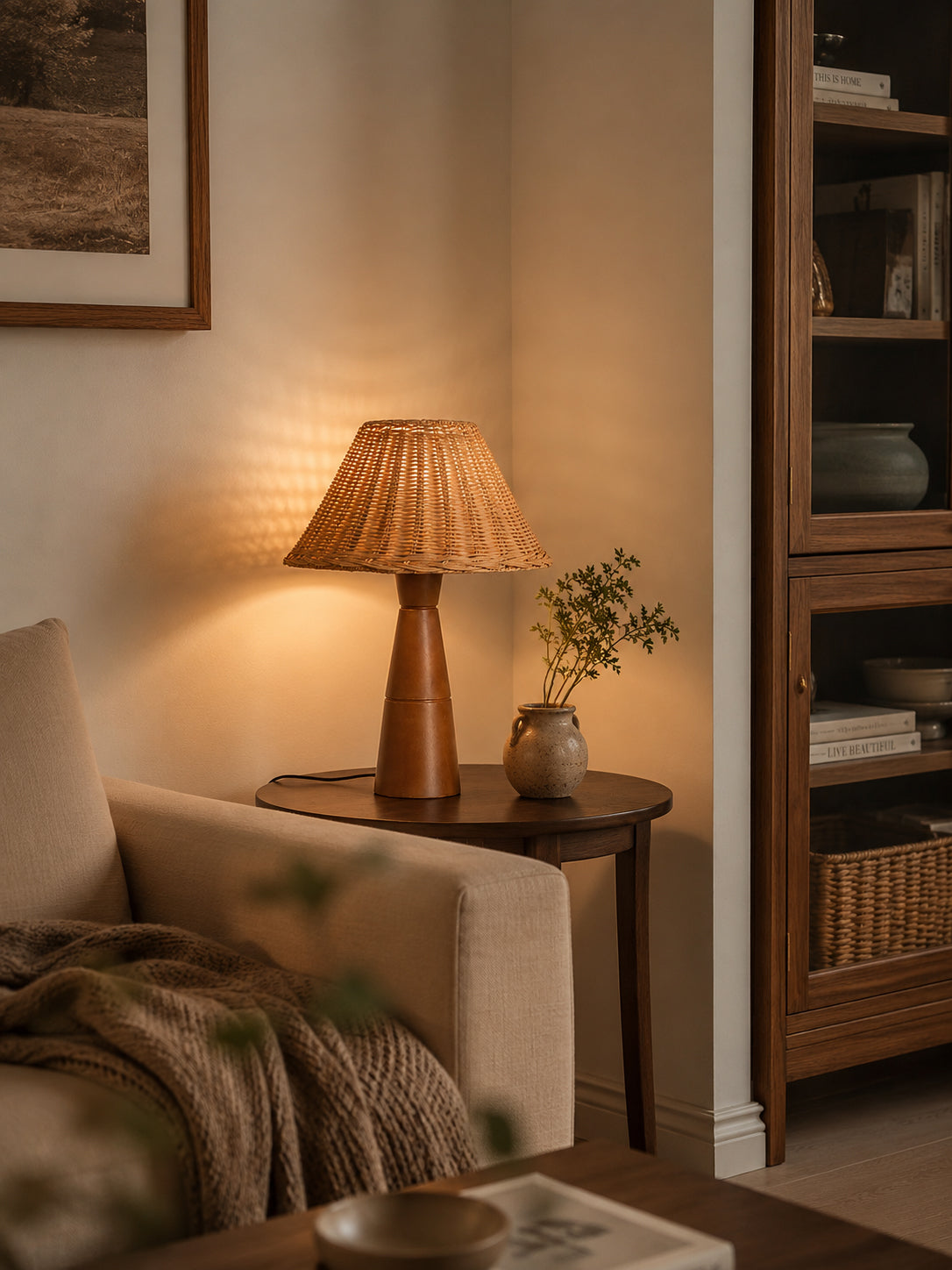 Lámpara de mesa de ratán con base de madera Ratena – encendida en un rincón de lectura