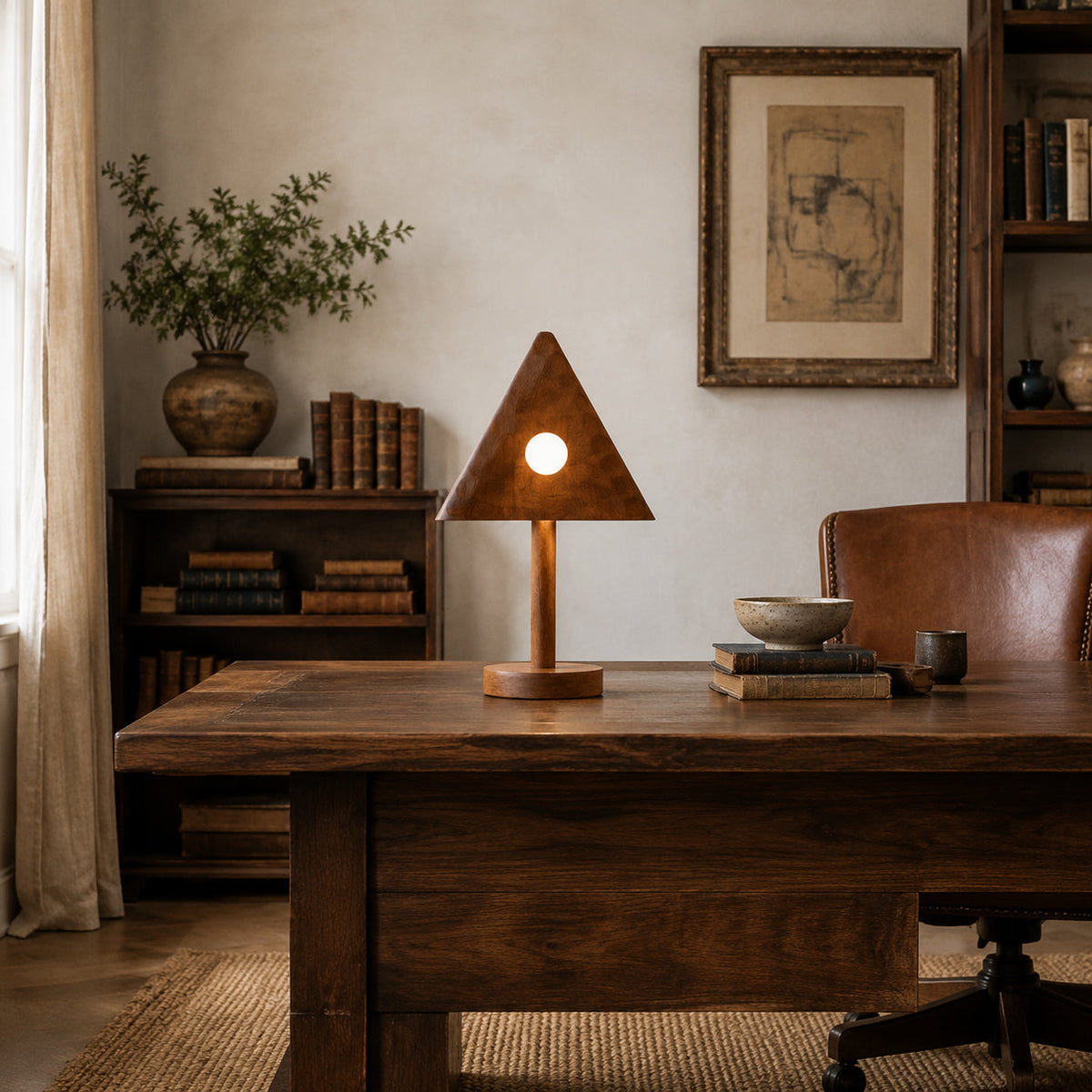 Lámpara de mesa de madera triangular Pirena – encendida en un despacho clásico