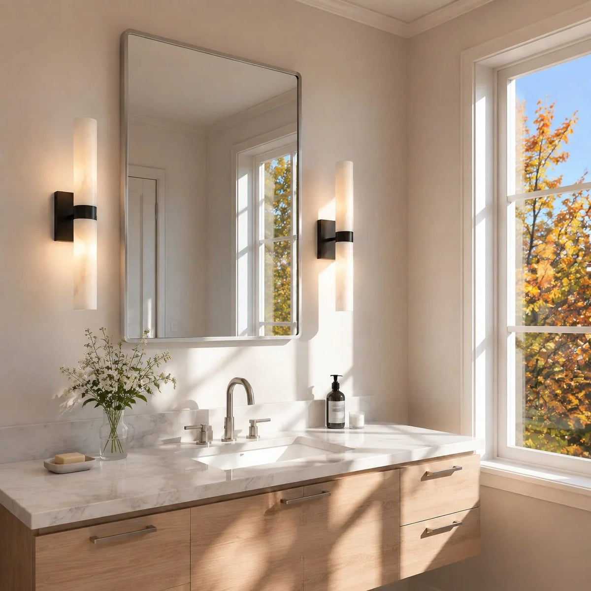 Aplique de pared de doble tubo Melliza junto al espejo de un baño – imagen 21