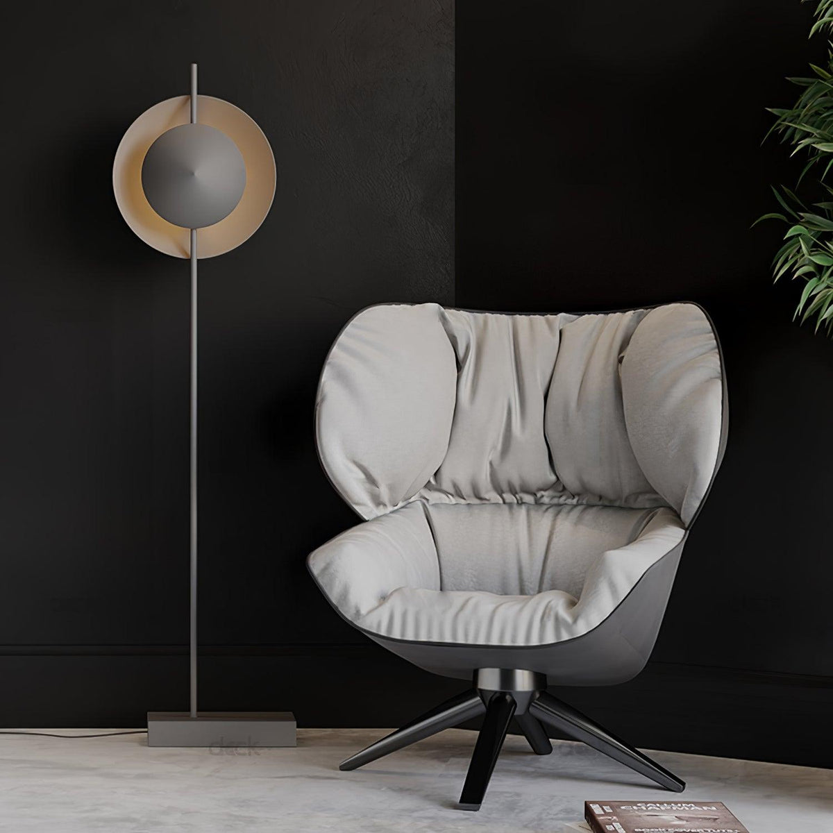 Lámpara de pie con dos pantallas circulares grises Eclipra junto a un sillón en un dormitorio – imagen 18