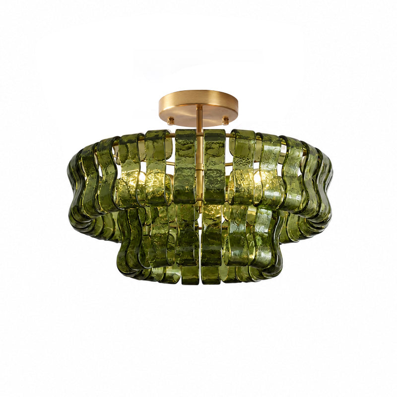 Lámpara araña de cristal Nivalia – verde y dorado, Ø 45 cm · 6 luces