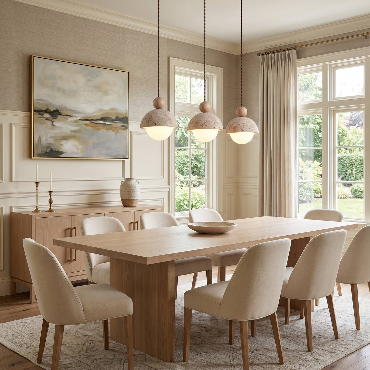 Lámpara colgante de travertino Roquela sobre una mesa de comedor – imagen 4