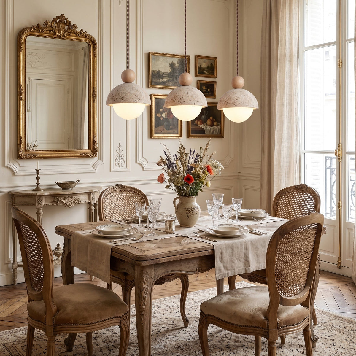 Lámpara colgante de travertino Roquela sobre una mesa de comedor – imagen 7