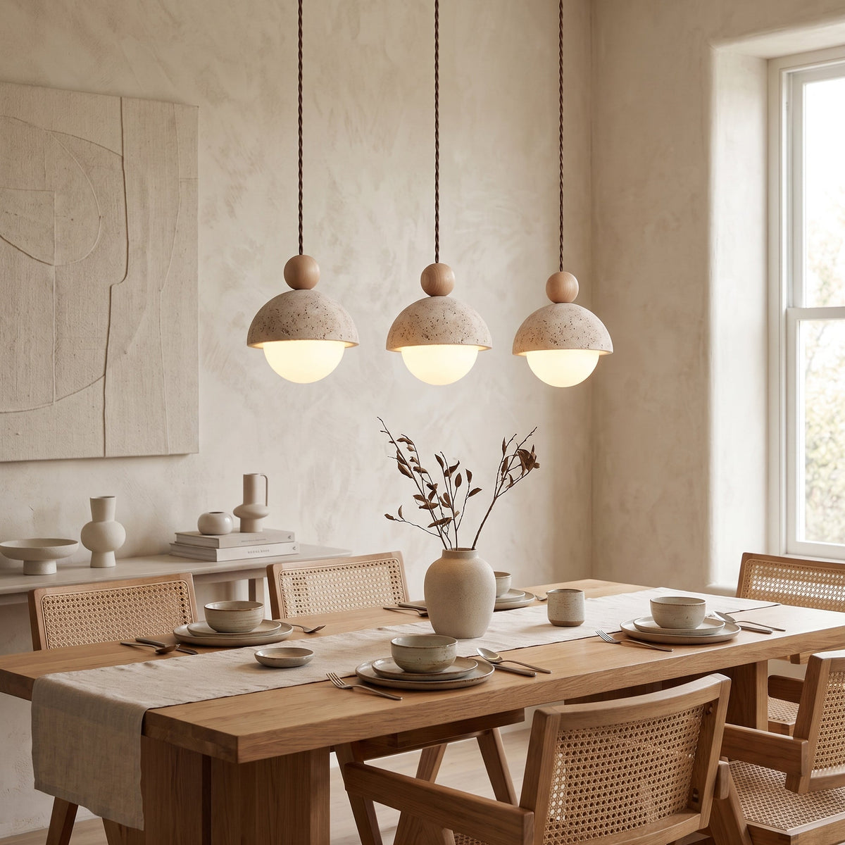 Lámpara colgante de travertino Roquela sobre una mesa de comedor – imagen 3