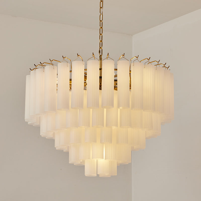 Lámpara de araña de tubos de cristal Fluvela – de 13 luces en cristal blanco