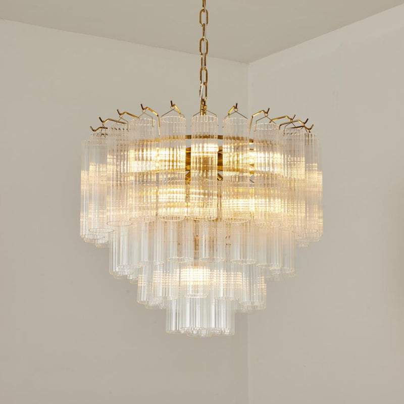 Lámpara de araña de tubos de cristal Fluvela – de 10 luces en cristal transparente