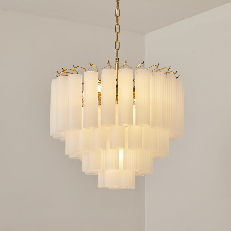 Lámpara de araña de tubos de cristal Fluvela – de 10 luces en cristal blanco