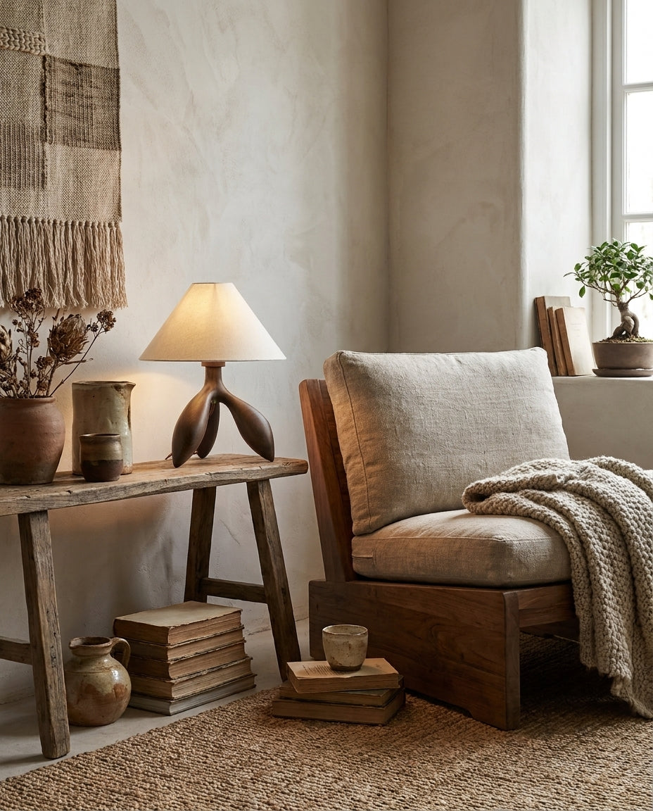 Lámpara de mesa trípode Simela – junto a un sillón de lectura