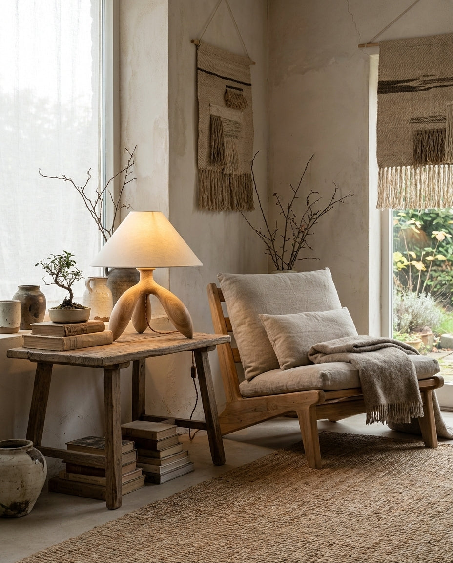 Lámpara de mesa trípode Simela – sobre una mesa auxiliar junto a la ventana