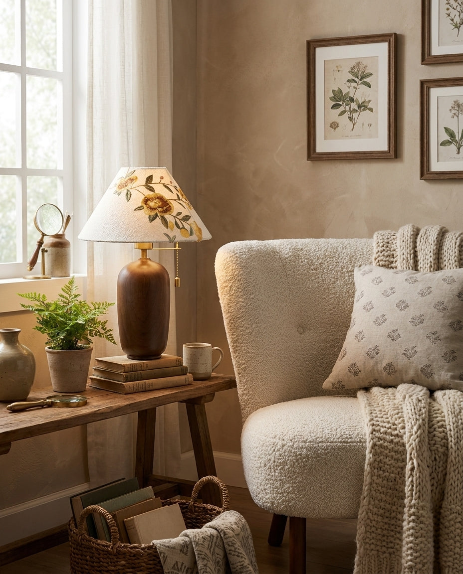 Lámpara de mesa con pantalla bordada Rosanda – junto a un sillón tapizado