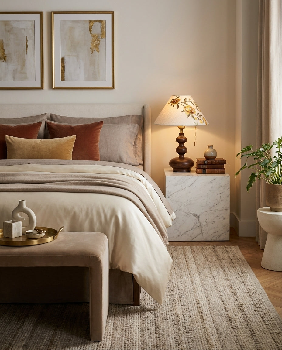 Lámpara de mesa con pantalla bordada Rosanda – en una mesita de noche junto a la cama