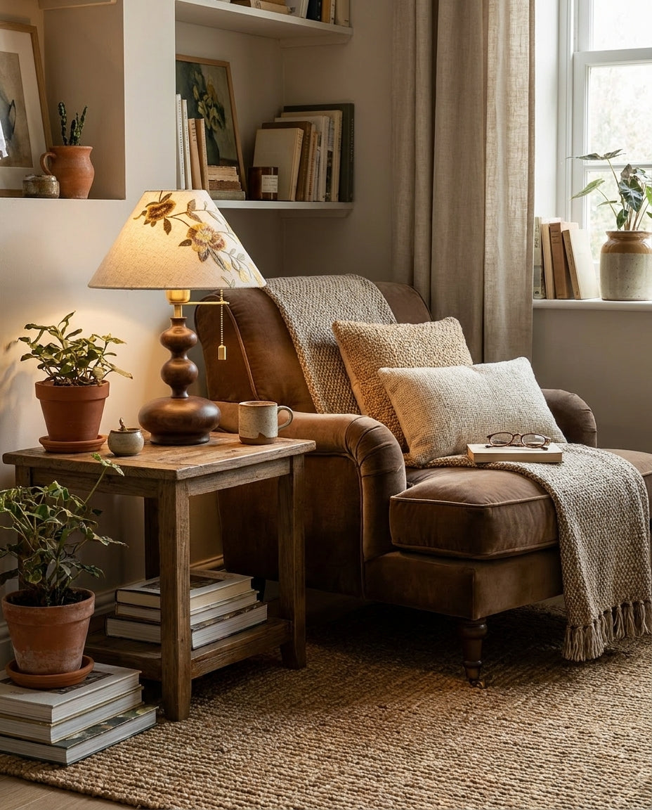 Lámpara de mesa con pantalla bordada Rosanda – junto a un sillón de lectura