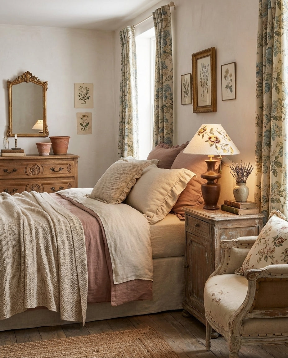 Lámpara de mesa con pantalla bordada Rosanda – en un dormitorio de estilo cottage