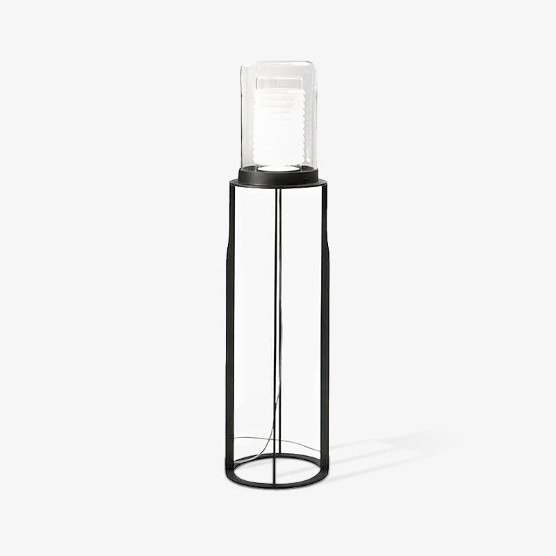 Lámpara de pie LED de doble cilindro de vidrio y estructura negra Navira – vista frontal sobre fondo claro