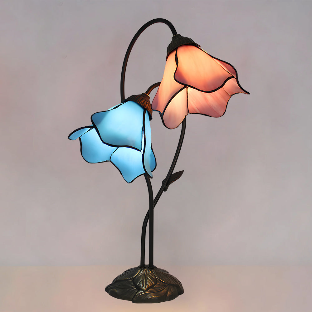 Lámpara de mesa Tiffany Tulenda – con una flor rosa y otra azul