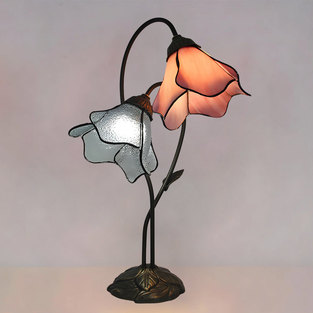 Lámpara de mesa Tiffany Tulenda – con una flor rosa y otra blanca