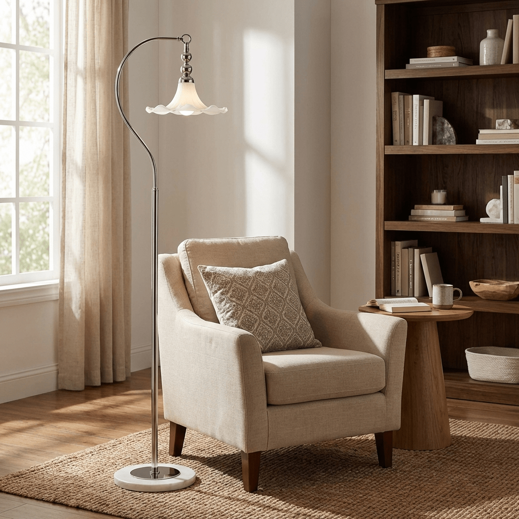 Lámpara de pie de arco Danelia junto a un sillón en el salón – imagen 6