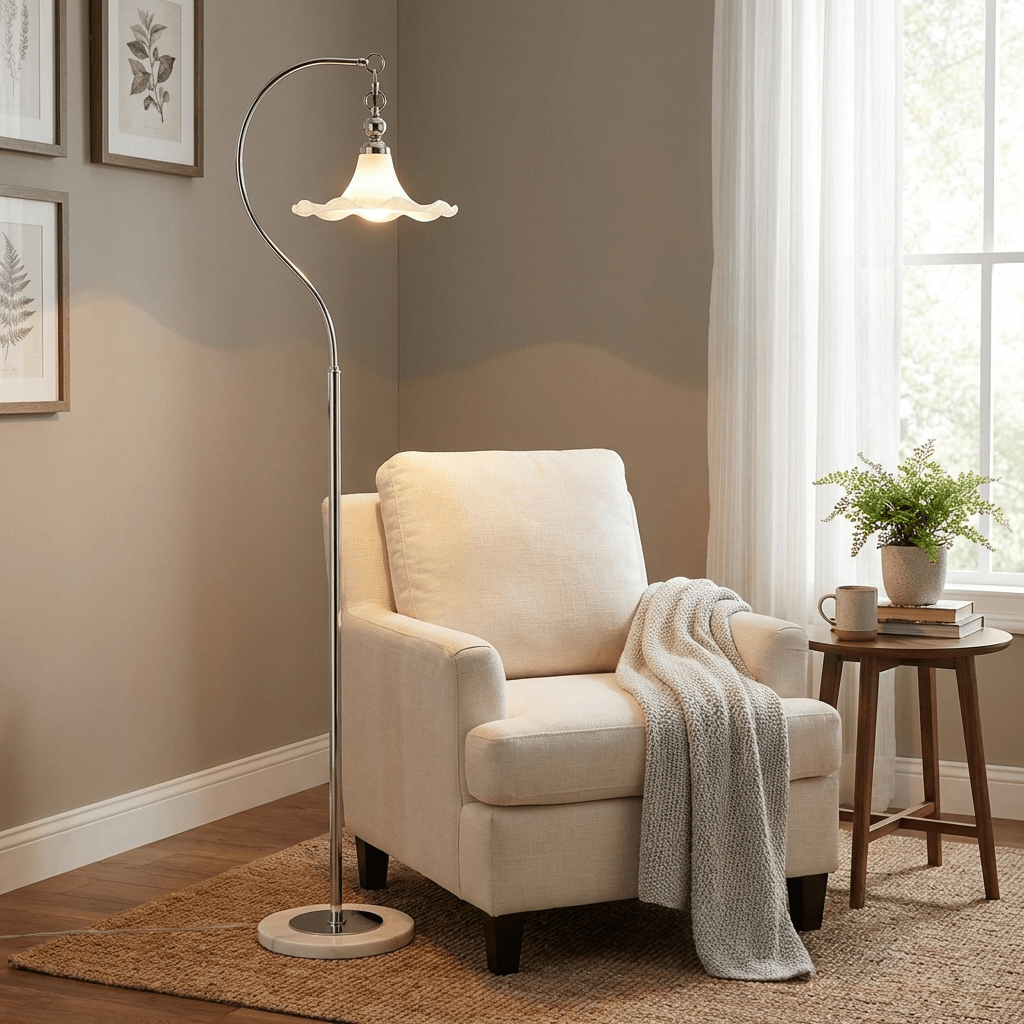 Lámpara de pie de arco Danelia junto a un sillón en el salón – imagen 7
