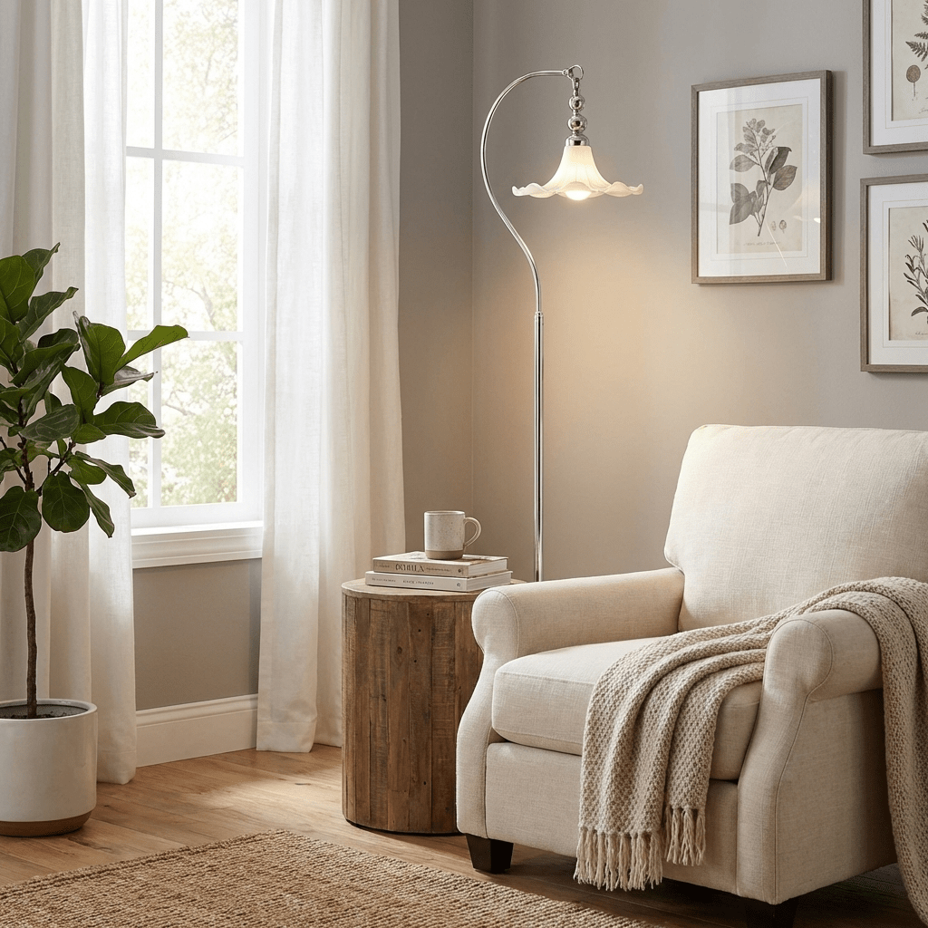 Lámpara de pie de arco Danelia junto a un sillón en el salón – imagen 10