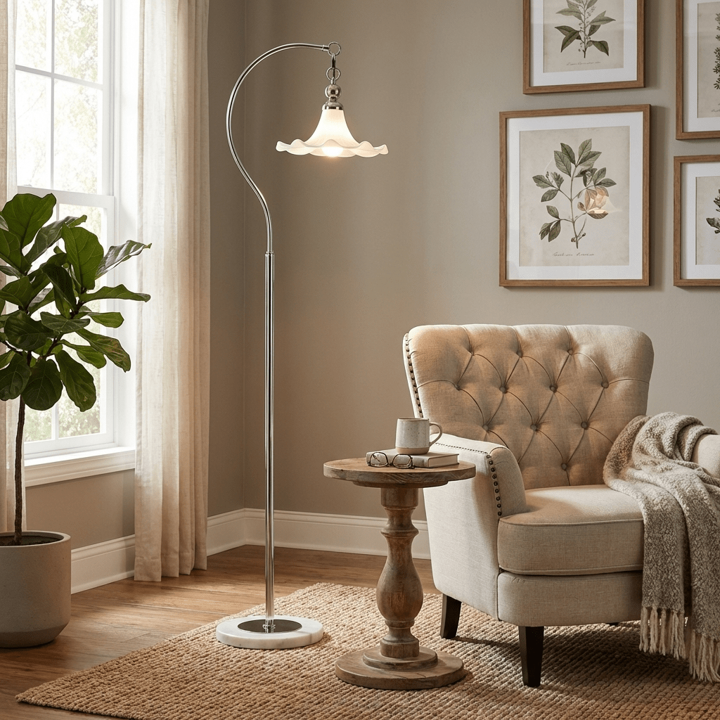 Lámpara de pie de arco Danelia junto a un sillón en el salón – imagen 8