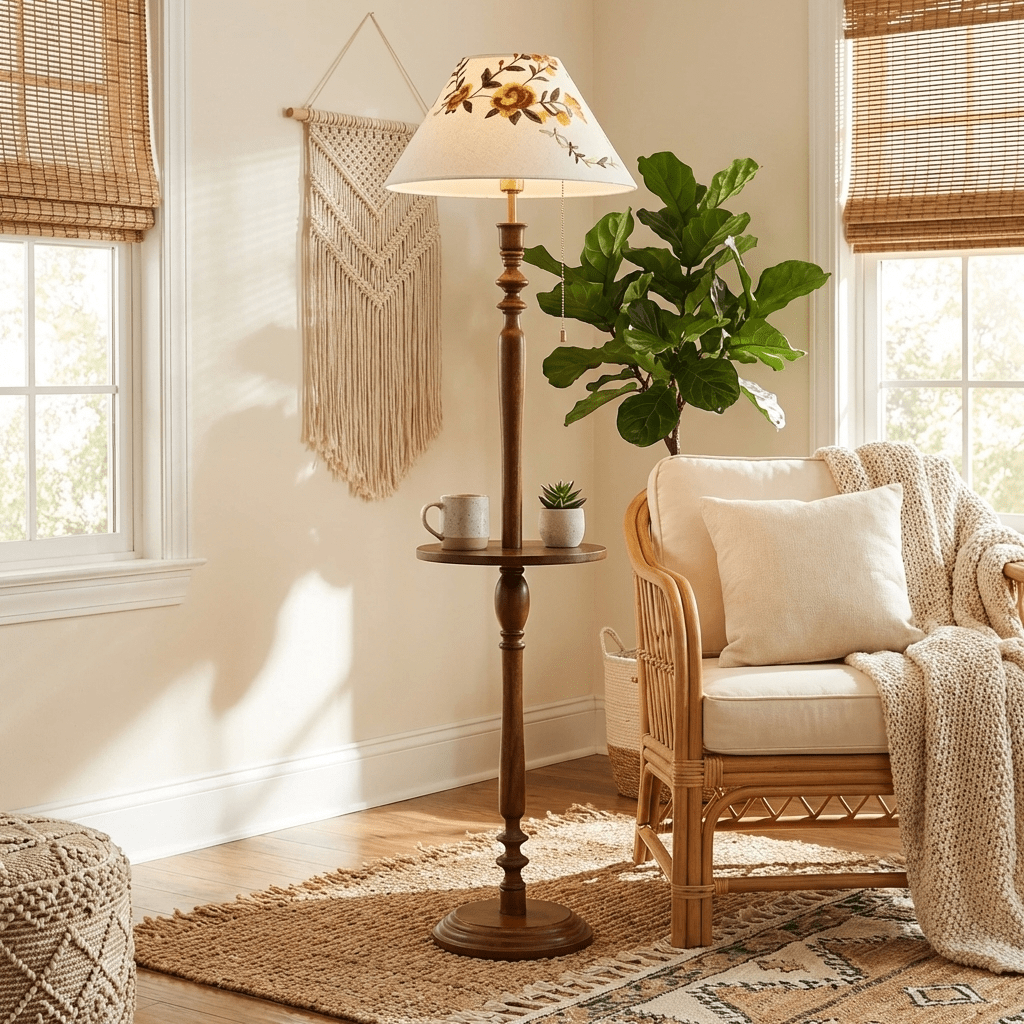 Lámpara de pie clásica con mesita Boreta junto a un sillón en el salón – imagen 7