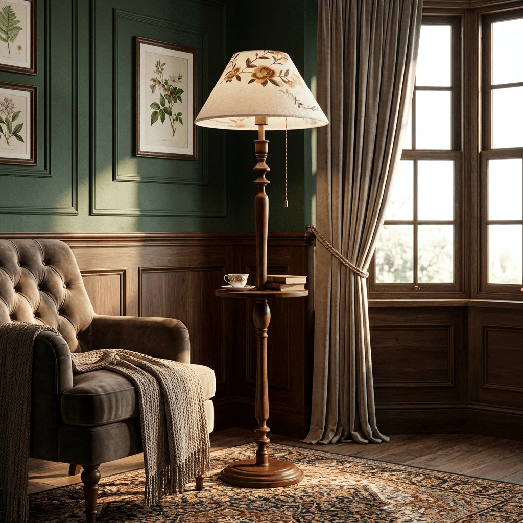 Lámpara de pie clásica con mesita Boreta junto a un sillón en el salón – imagen 8