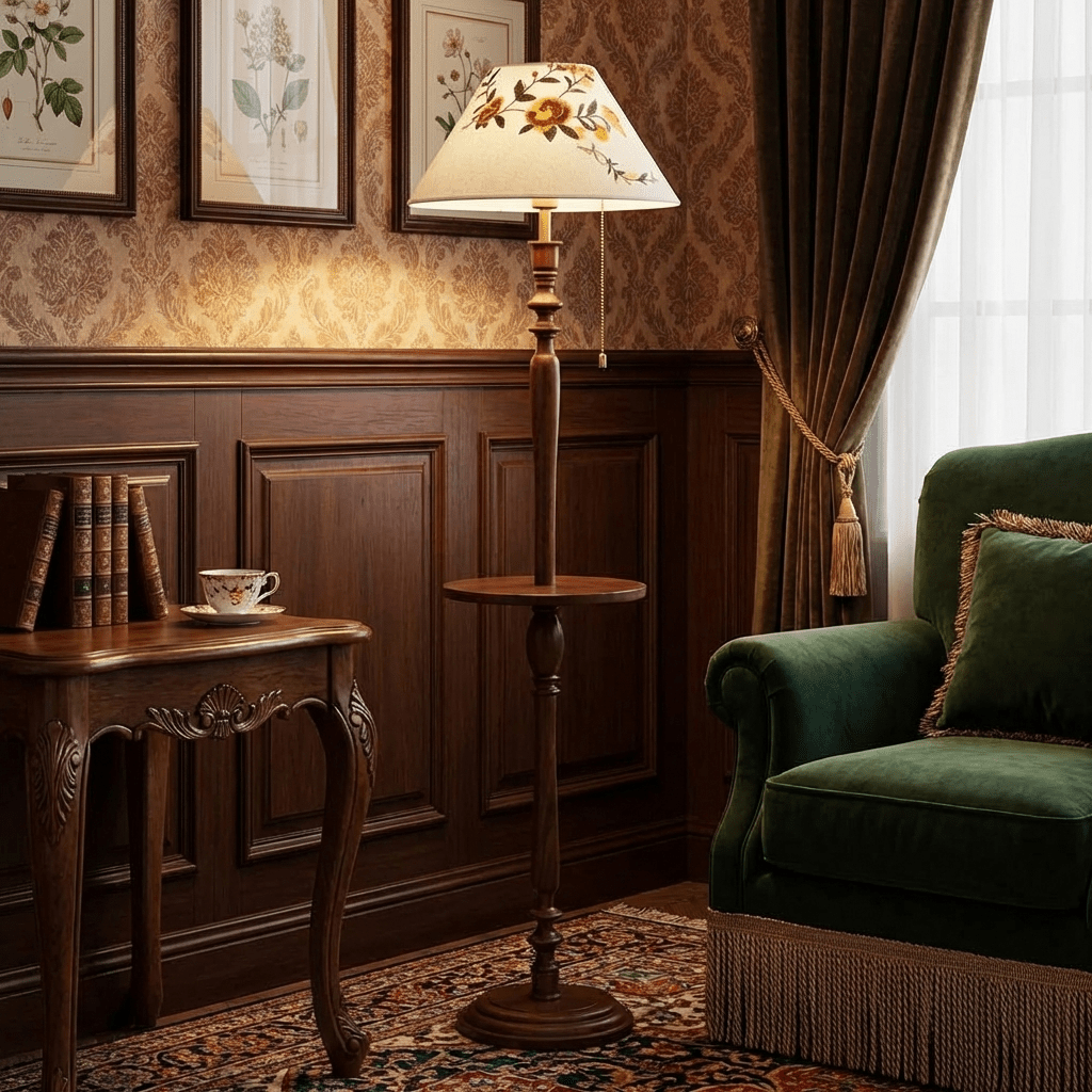 Lámpara de pie clásica con mesita Boreta junto a un sillón en el salón – imagen 9