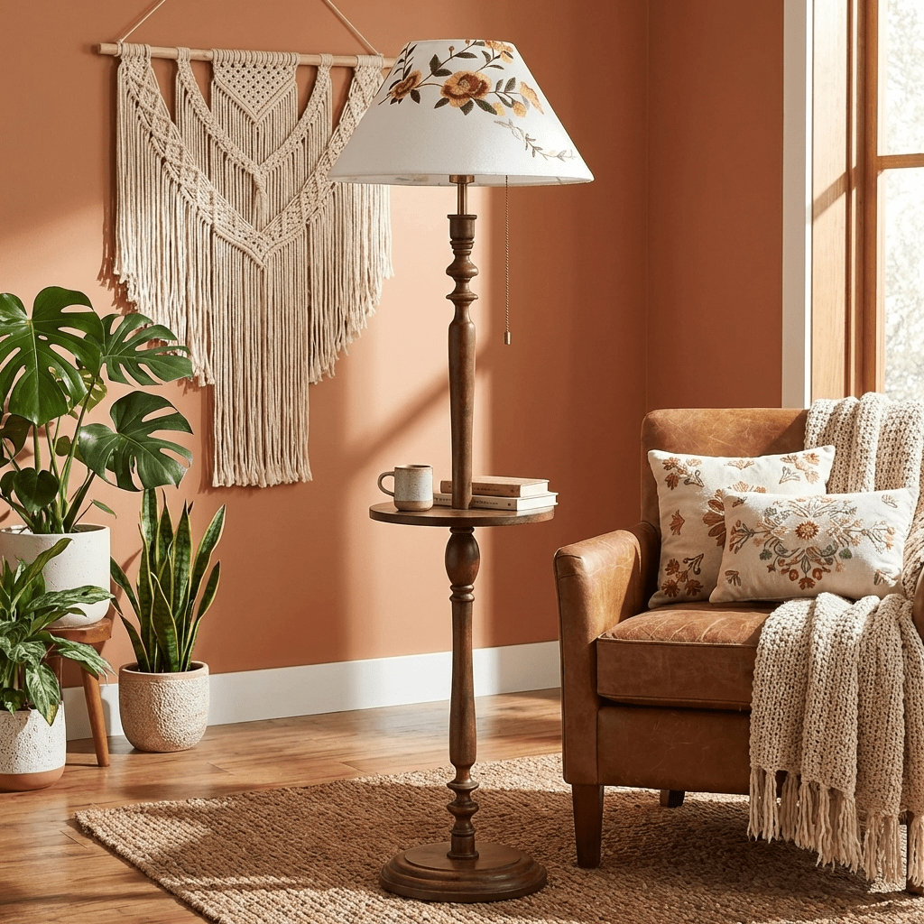 Lámpara de pie clásica con mesita Boreta junto a un sillón en el salón – imagen 6