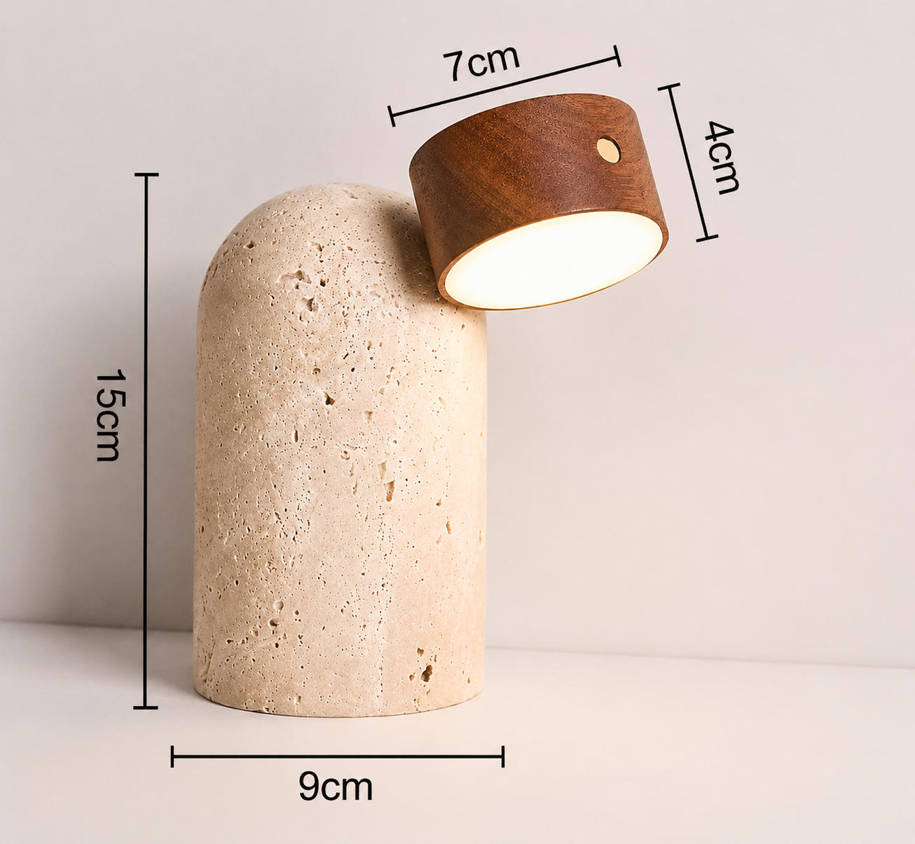 Erivo - Lámpara de Mesa Moderna con Base de Travertino y Cabeza de Madera Ajustable – Diseño Inalámbrico para Mesita de Noche