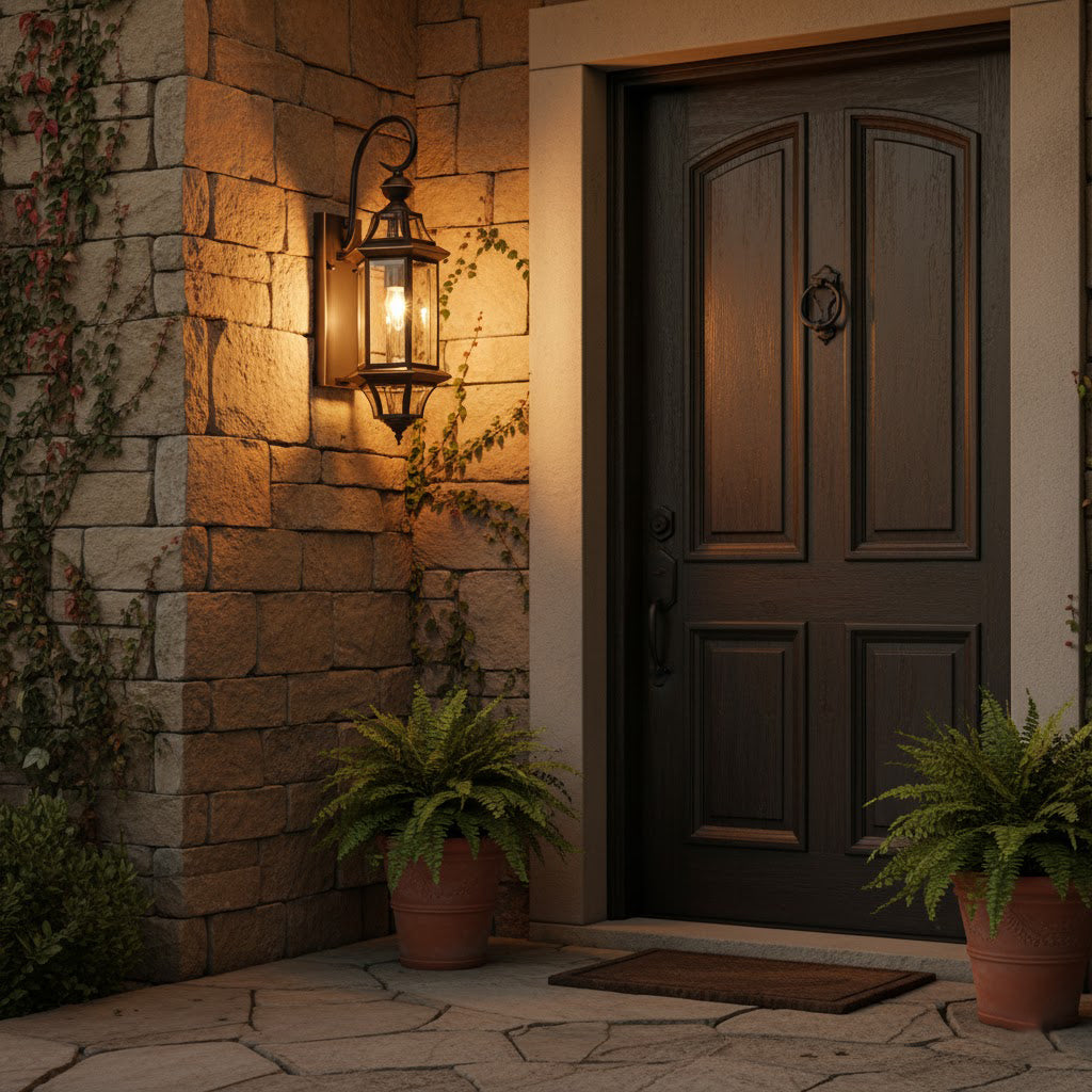 Farol de pared exterior clásico Orsela – junto a una puerta de madera