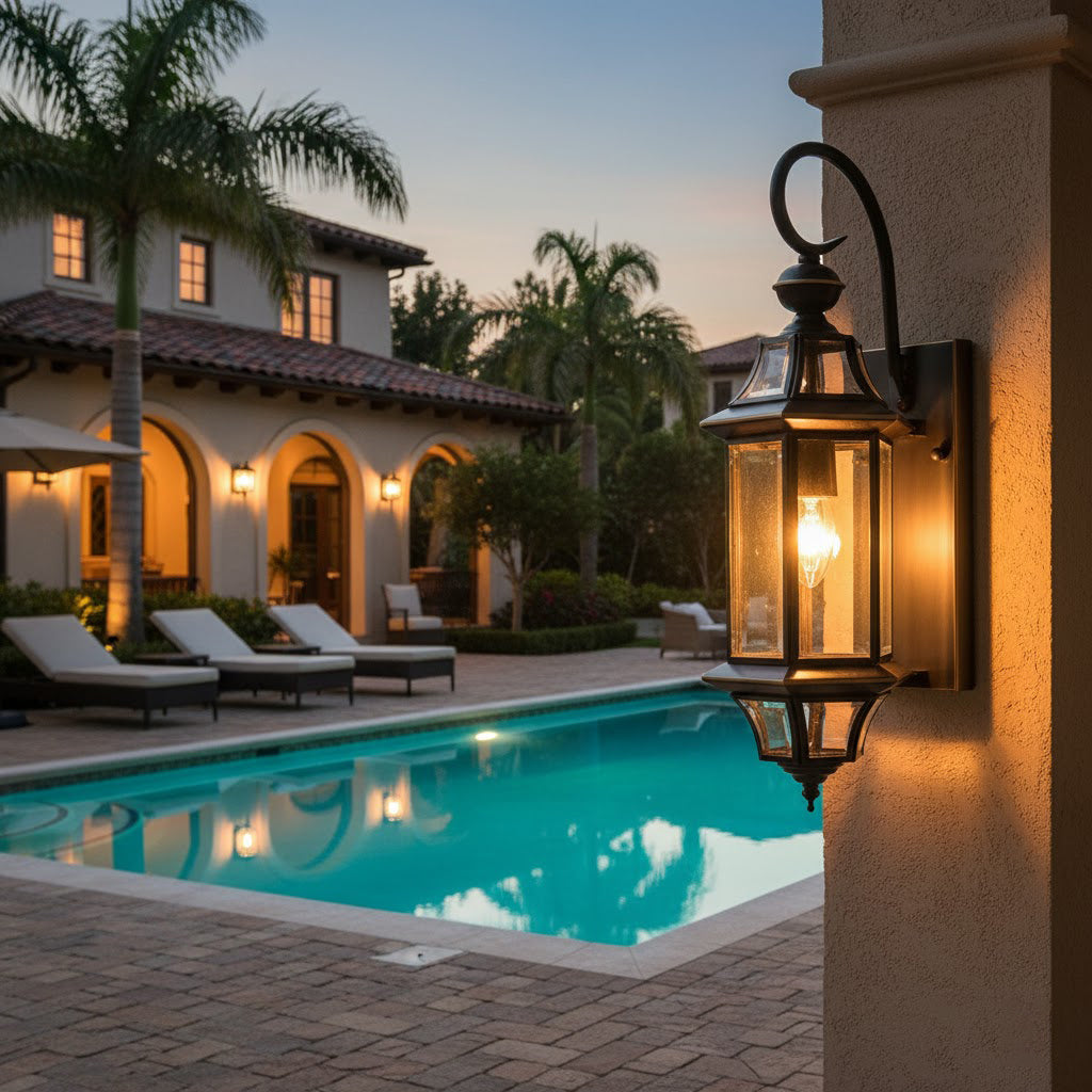 Farol de pared exterior clásico Orsela – junto a una piscina