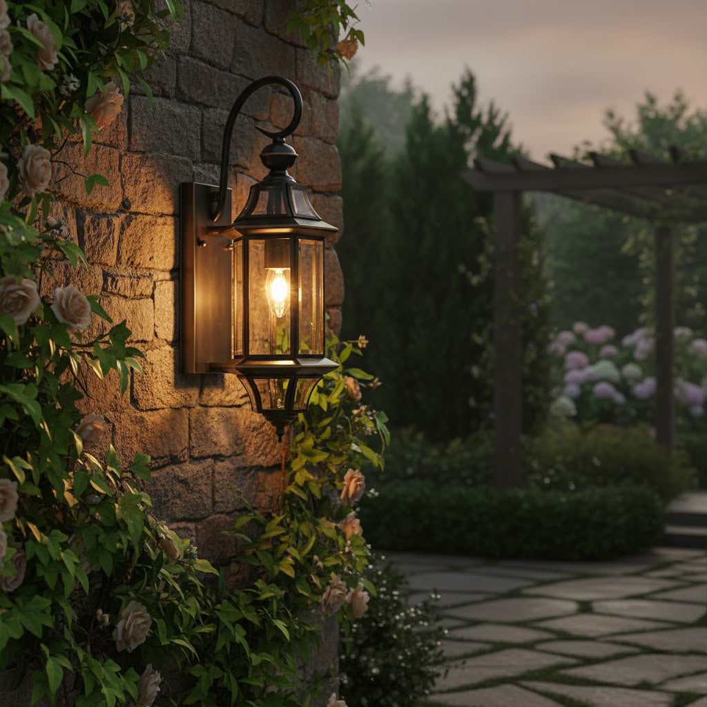 Farol de pared exterior clásico Orsela – en un jardín con pérgola