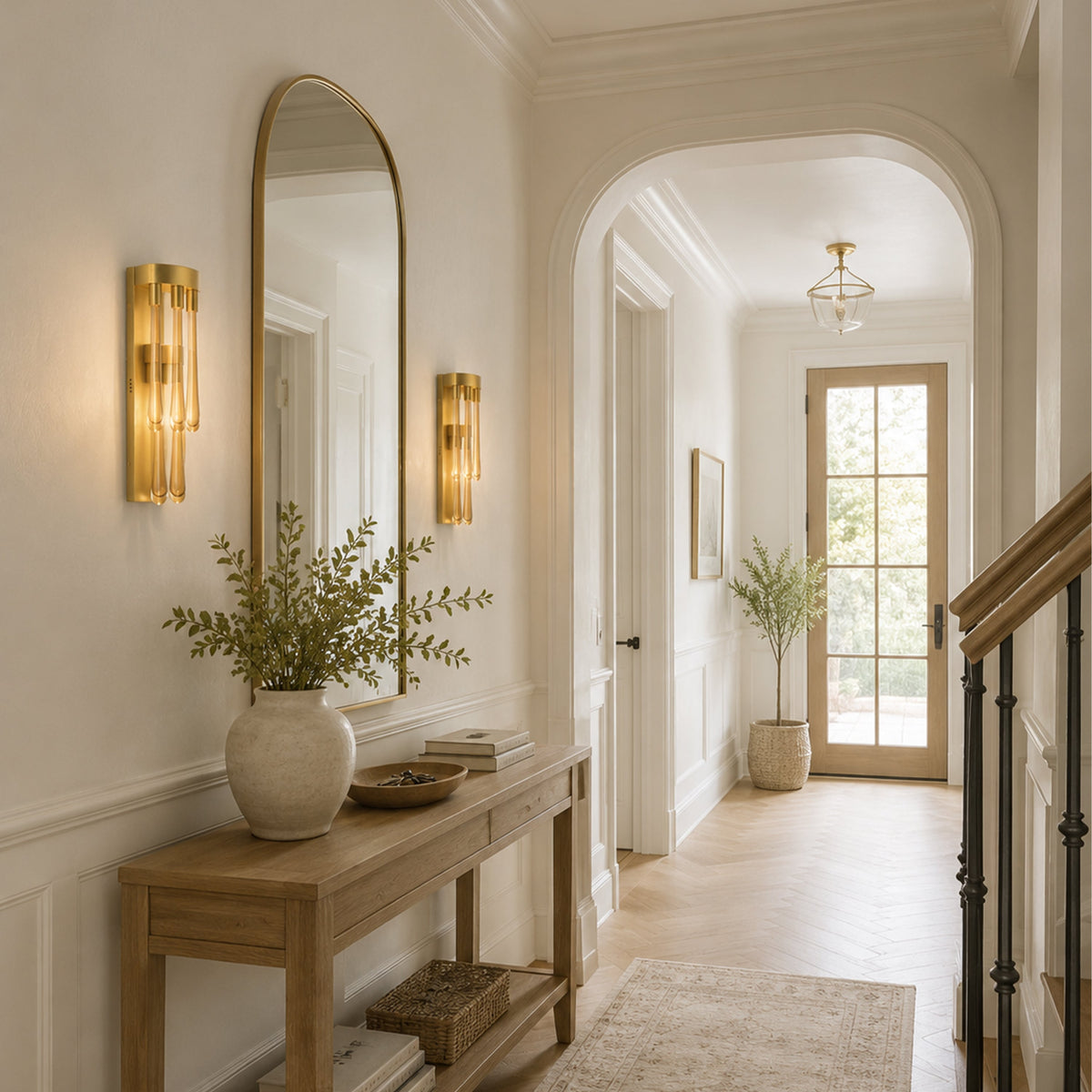 Aplique de pared Yambera con lágrimas de cristal ámbar – pareja de apliques junto a un espejo en el pasillo