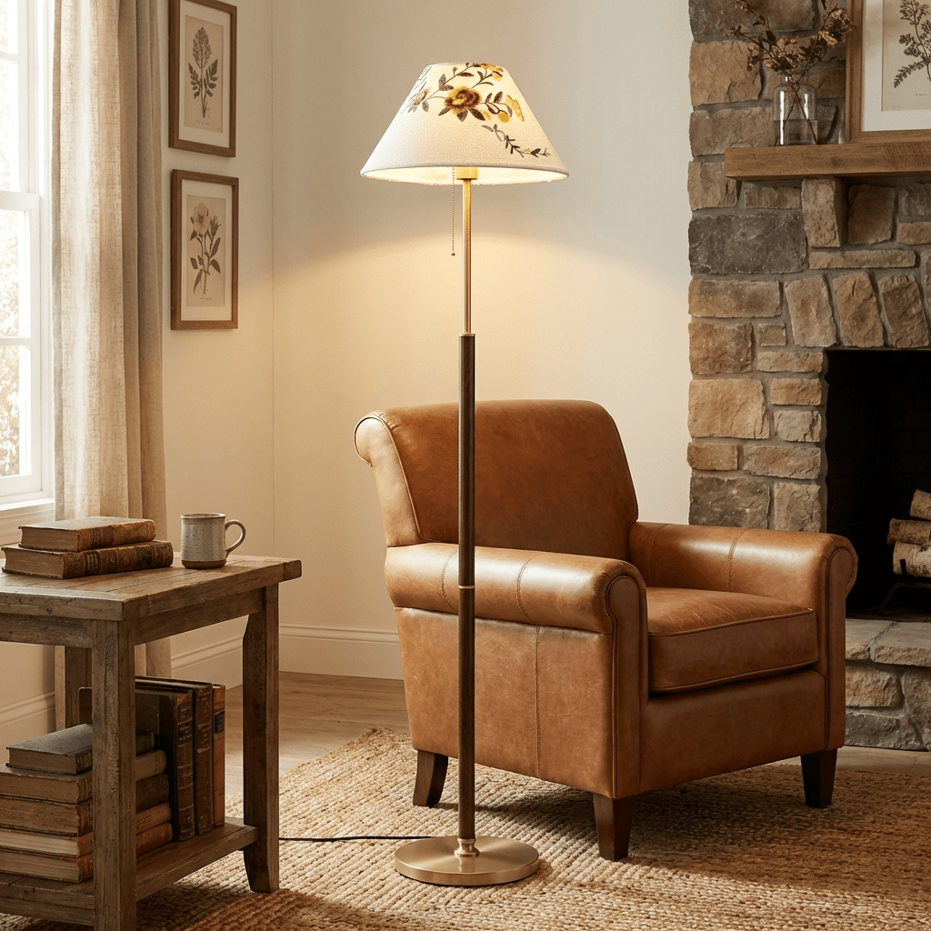 Lámpara de pie clásica con pantalla floral Belmira junto a un sillón junto a la chimenea – imagen 5