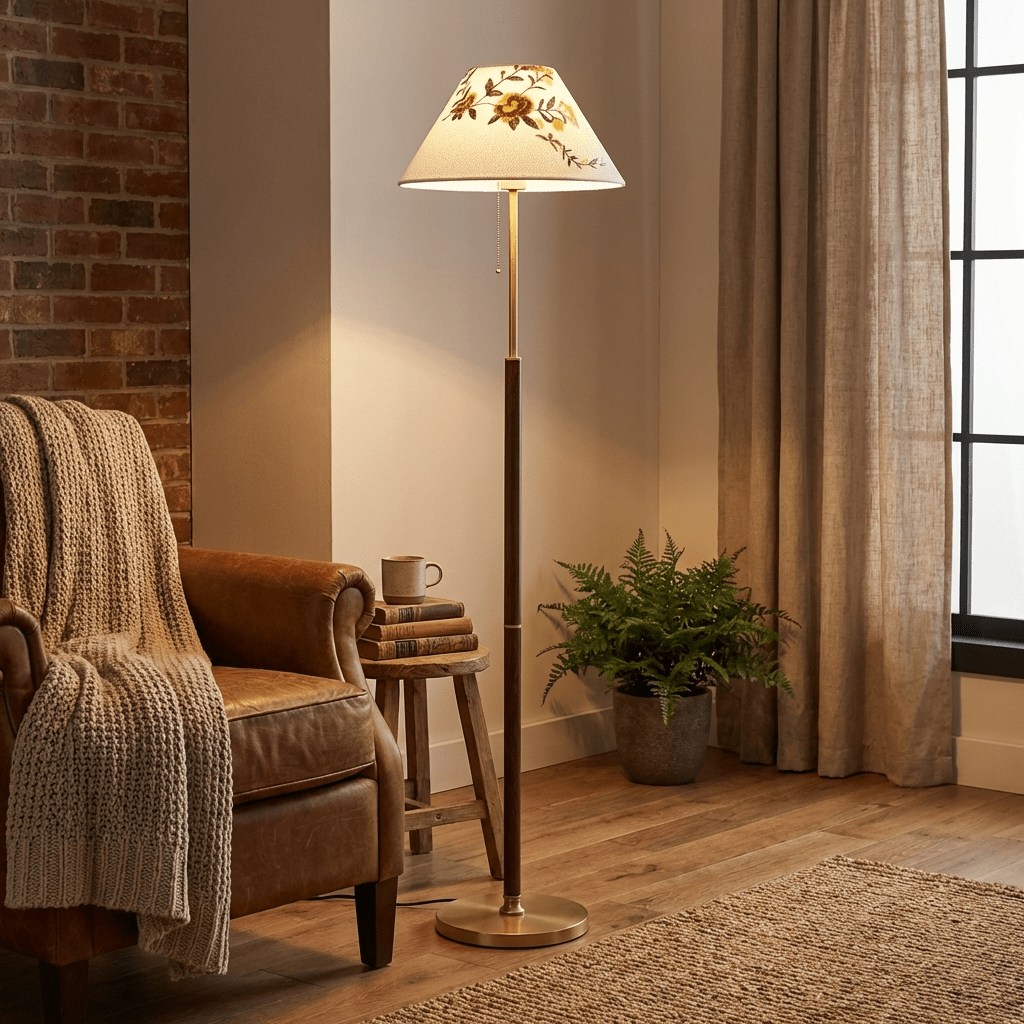 Lámpara de pie clásica con pantalla floral Belmira junto a un sillón junto a la chimenea – imagen 6