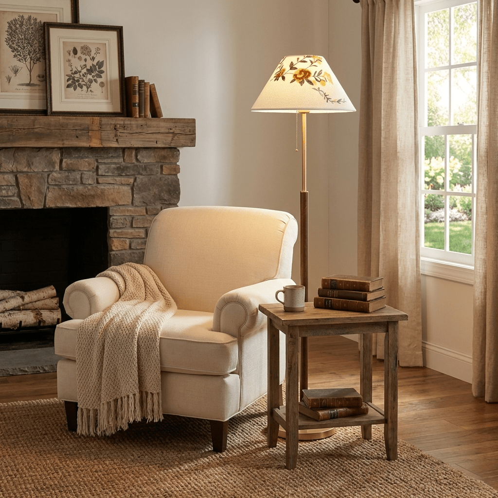 Lámpara de pie clásica con pantalla floral Belmira junto a un sillón junto a la chimenea – imagen 3