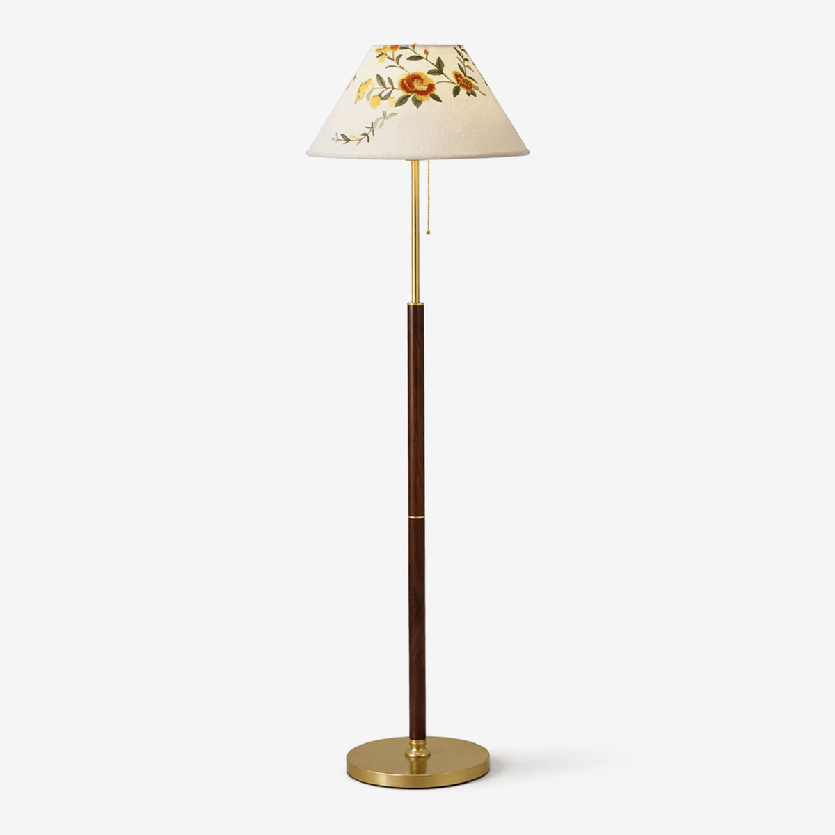 Belmira - Lámpara de Pie Clásica con Pantalla Floral y Pie de Madera Nogal