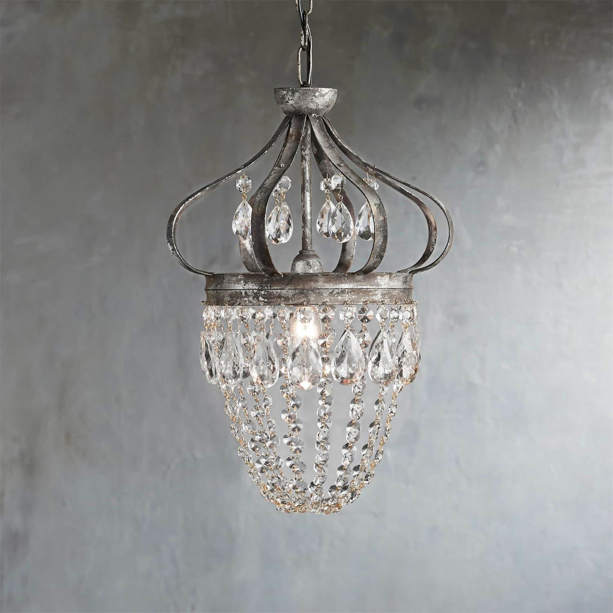 Lámpara de araña de cristal Rocío – Ø 27 cm, plata envejecida