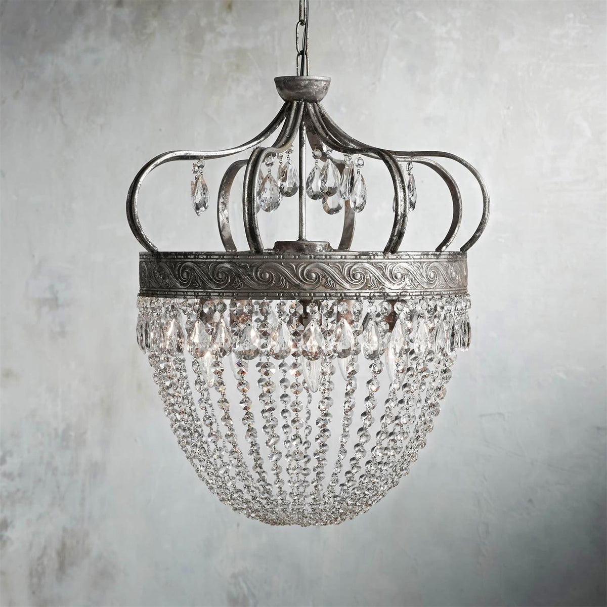 Lámpara de araña de cristal Rocío – Ø 53 cm, plata envejecida