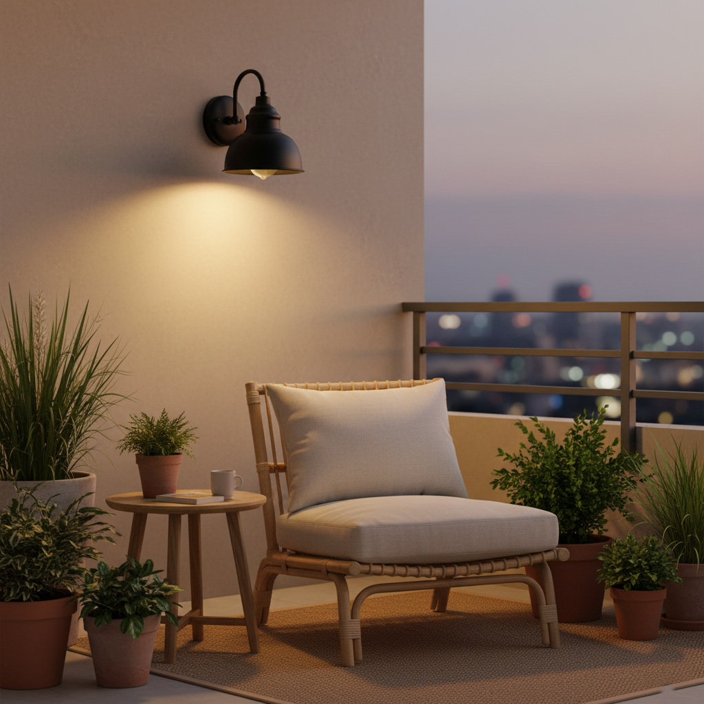 Aplique de pared exterior Jamira – en una terraza con sillón